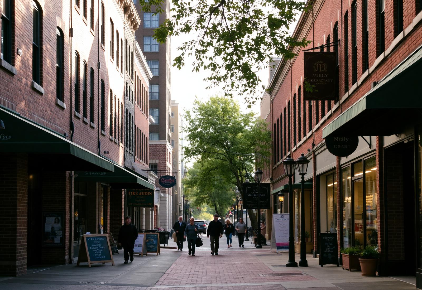 Brick storefronts and pedestrians on a Waukegan downtown street