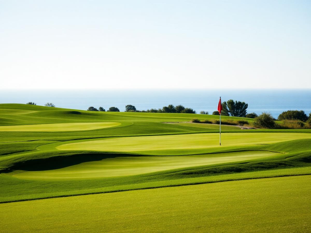 Scenic golf course green with Lake Michigan in the distance