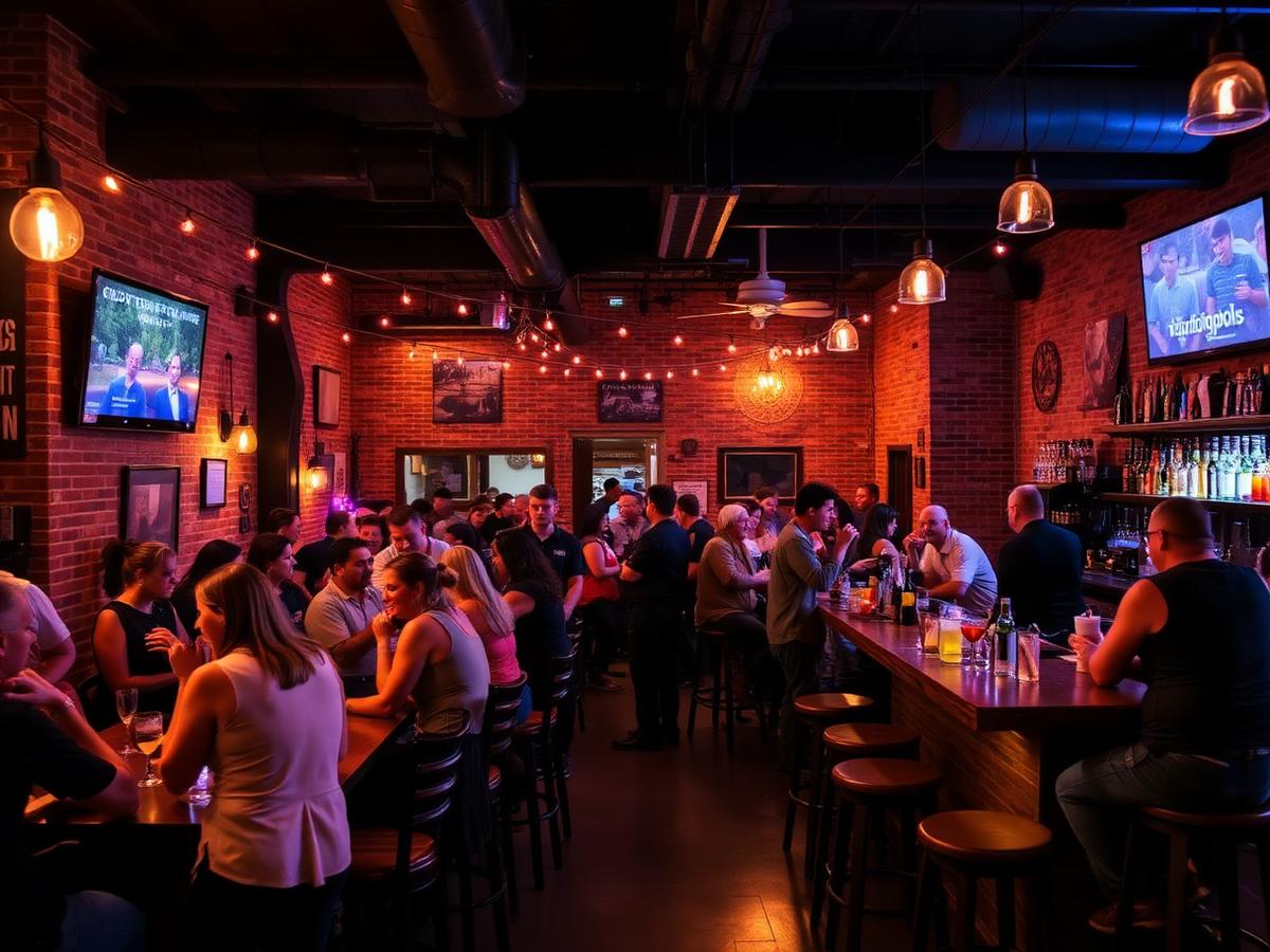 Warmly lit bar or restaurant interior at night