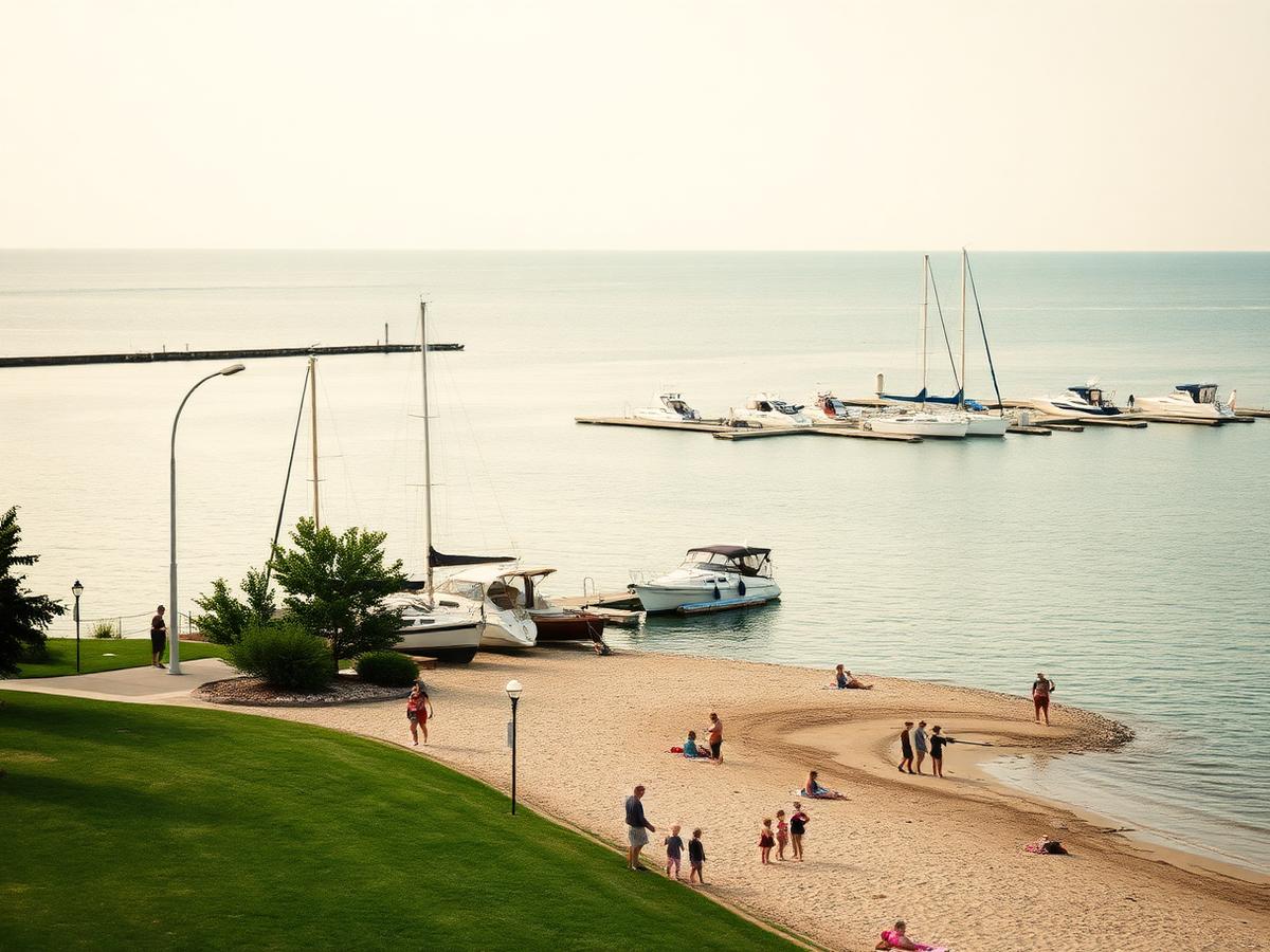 Waukegan lakefront beach and marina on a summer day