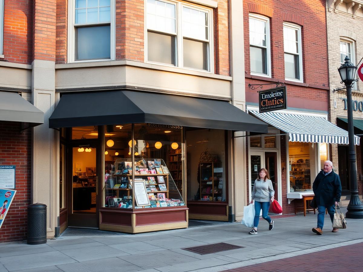 Downtown Waukegan retail storefront with shoppers