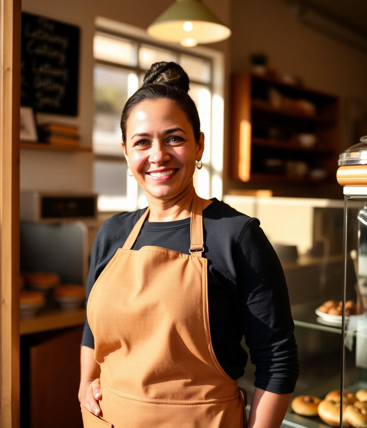 Owner of Harbor Street Bakery standing in her Waukegan storefront